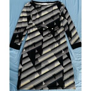 Liz Claiborne Dress Geometric Multicolor Pattern String Waist 3/4 Sleeve Size M